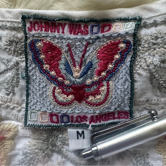 Johnny Was JWLA Top Christine Drape Shirt 100% Linen Floral Embroidered White M - Picture 8 of 12